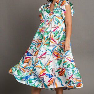 NWT Umgee Leaf Print Tiered Midi Dress With Ruffle Sleeve Plus